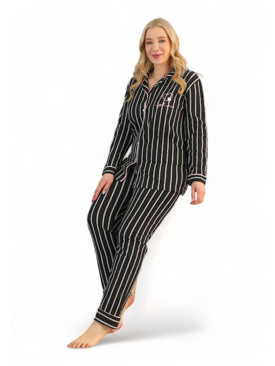 Siyah Inci Winter Women's Pyjama Set Cotton Black Plus Size