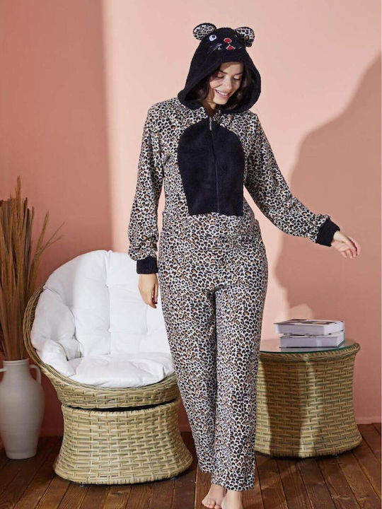 Elitol Winter Damen Baumwolle Einteiliger Pyjama Leopard