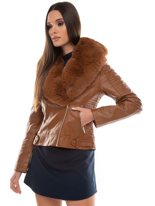 E-shopping Avenue Women's Short Lifestyle Leather Jacket for Winter BROWN