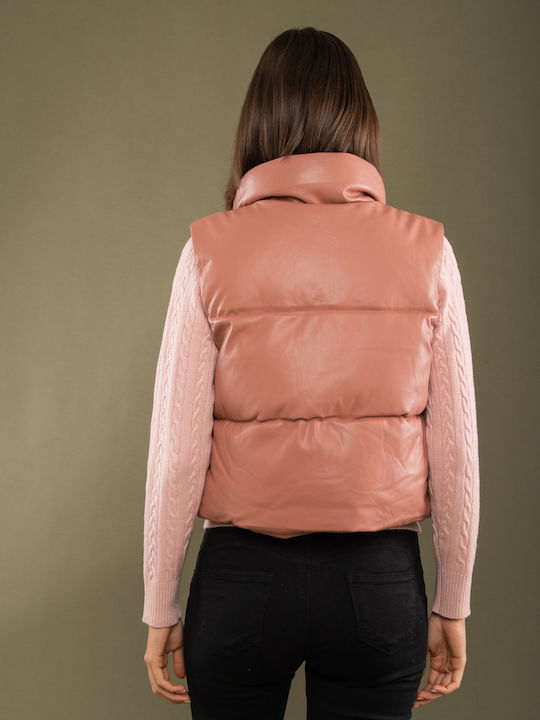 E-shopping Avenue Women's Short Puffer Leather Jacket for Winter PINK