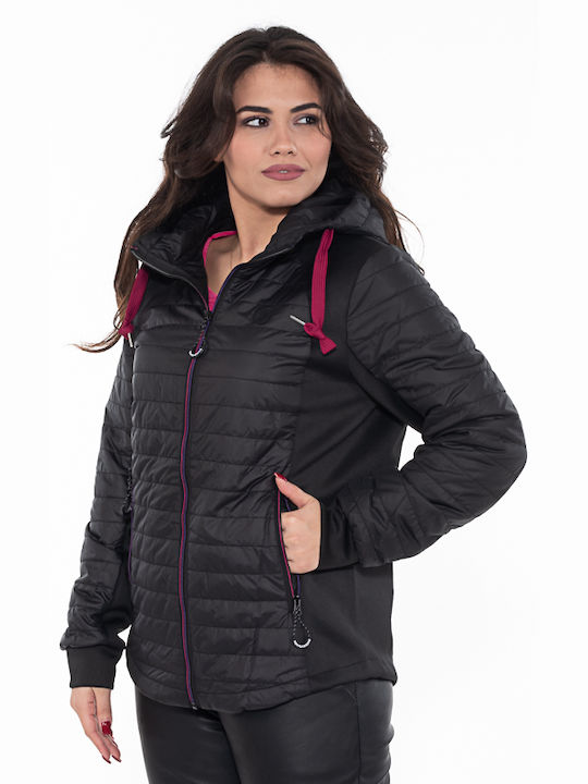 Navigazione Women's Short Puffer Jacket Waterproof and Windproof for Spring or Autumn with Hood BLACK