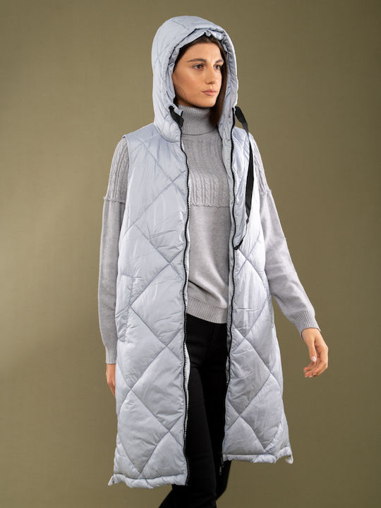 E-shopping Avenue Women's Long Puffer Jacket for Winter with Hood LIGHT BLUE