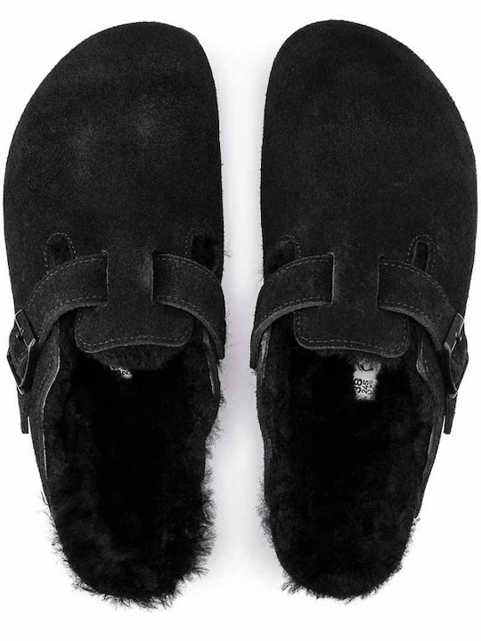 Boston Suede Shearling Anatomical Women's Slippers with Fur Black Narrow Fit