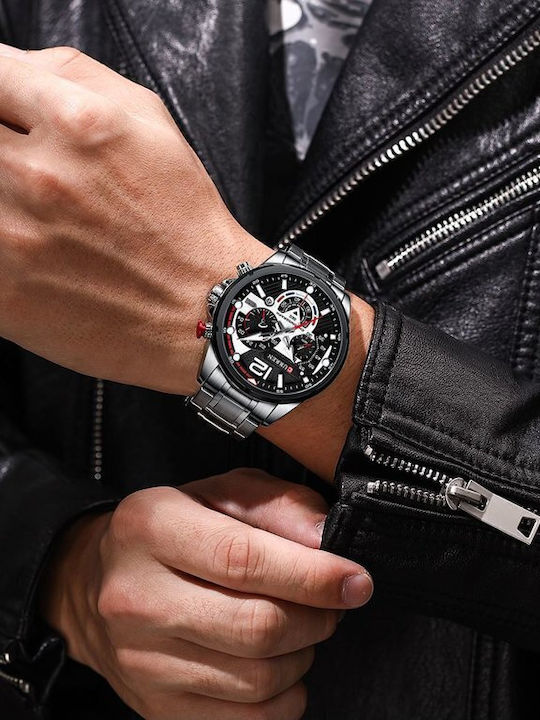 Curren 8395 Men's Watch 47mm Chronograph Battery with Silver Metal Bracelet