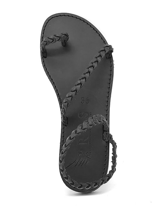 Leather Women's Flat Sandals in Black Color