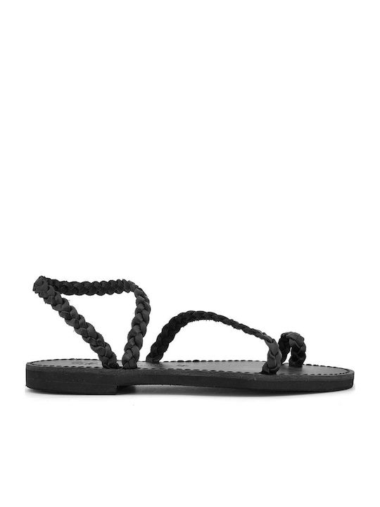 Leather Women's Flat Sandals in Black Color