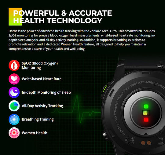 Zeblaze Ares 3 Pro 49mm Smartwatch με Παλμογράφο (Μαύρο)