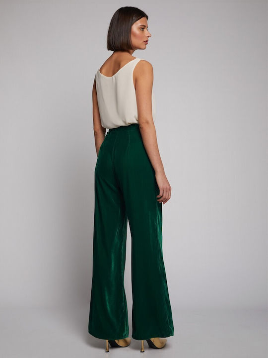 Vilagallo Women's Velvet Trousers in Palazzo Fit Green