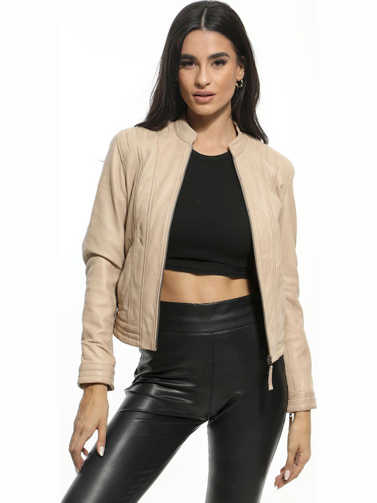 Emilia Women's Short Lifestyle Leather Jacket for Winter Beige