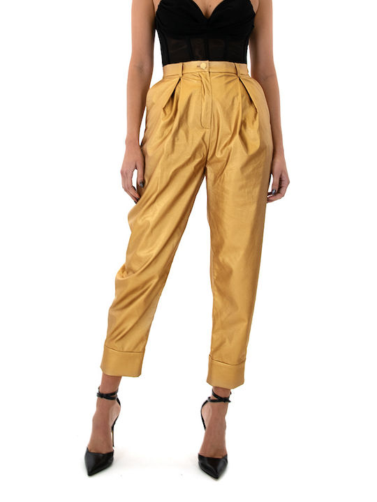 Mi-Ro Women's High Waist Leather Capri Trousers Gold