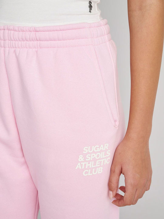 SugarFree Ψηλόμεσο Παντελόνι Γυναικείας Φόρμας με Λάστιχο Ροζ Fleece