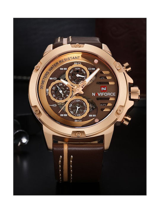 Naviforce Ceas Bărbați 13mm Cronograf Baterie Cu Curea Din Piele Maro