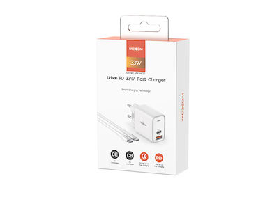 Moxom Φορτιστής με Θύρα USB-A και Θύρα USB-C και Καλώδιο USB-C 33W Power Delivery Λευκός (MX-HC91)