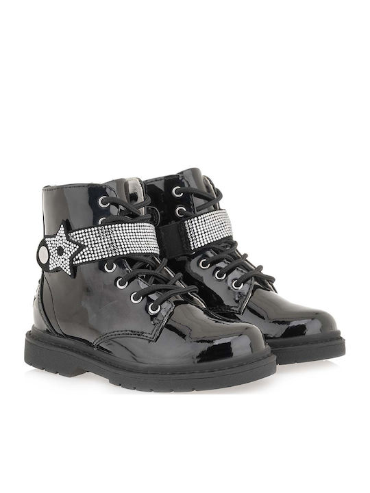 Vernice Kids Boots from Patent Leather with Laces Black