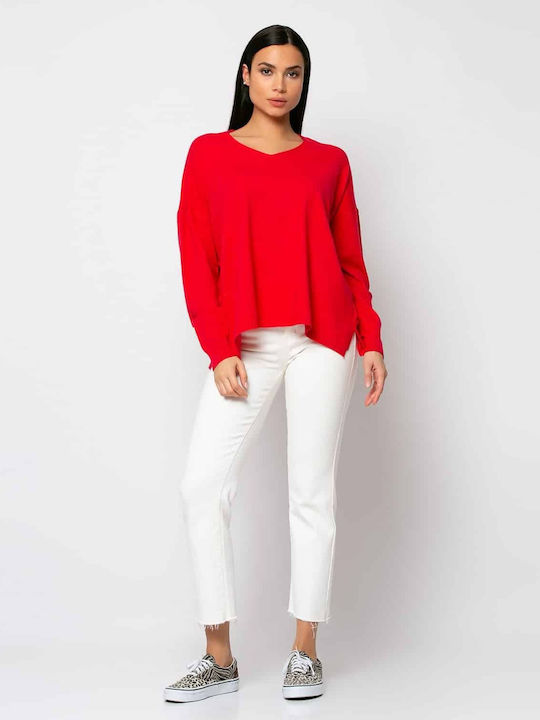 Soft Textured Knit with V - Red - W-8180 Noobass