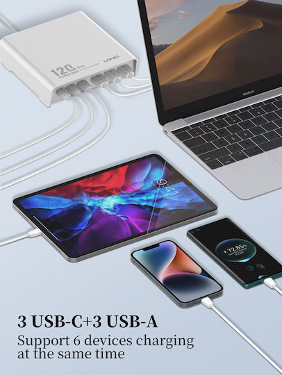 Ldnio Charging Stand with 3 USB-A Ports and 3 USB-C Ports 120W Power Delivery in White color (Q605)