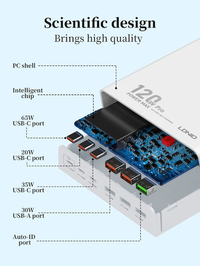 Ldnio Charging Stand with 3 USB-A Ports and 3 USB-C Ports 120W Power Delivery in Black color (Q605)