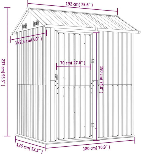 Metallic Garden Warehouse Galvanized with Air Vents L1.92xW1.525xH2.37m