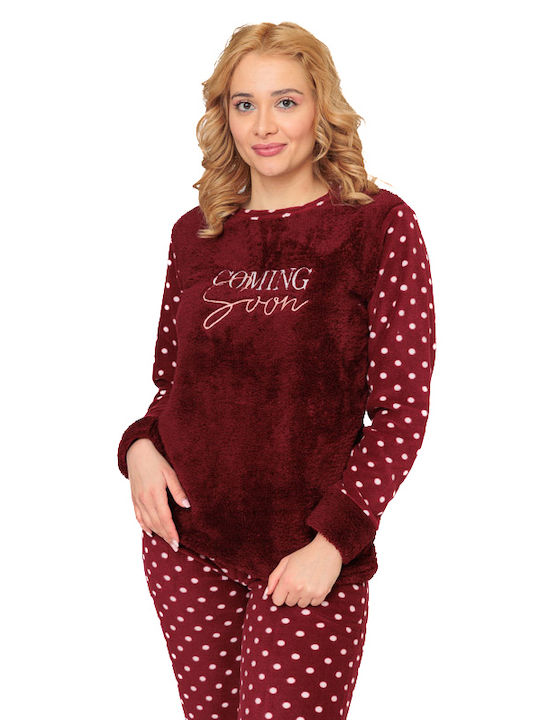 SNC Homewear Χειμερινό Γυναικείο Σετ Πιτζάμας Fleece Μπορντό