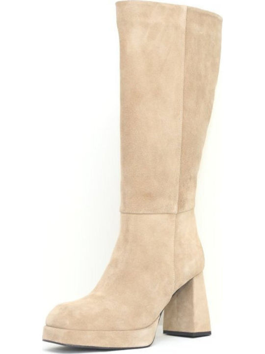Leather High Heel Women's Boots Beige