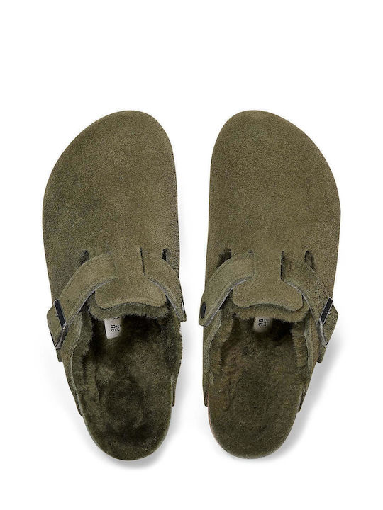Boston Shearling Δερμάτινες Χειμερινές Ανδρικές Παντόφλες Πράσινες
