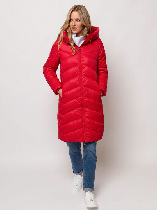 Heavy Tools Women's Long Puffer Jacket for Winter with Hood Red