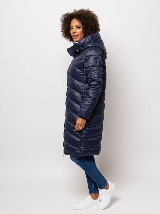 Heavy Tools Women's Long Puffer Jacket for Winter with Hood Navy Blue