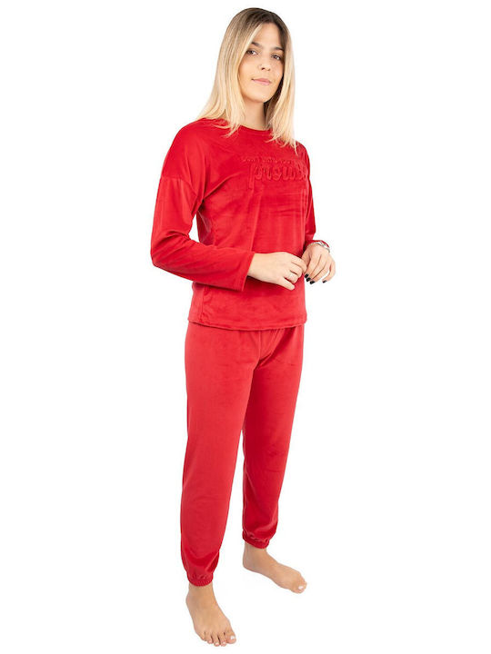 Calzedoro Winter Damen Pyjama-Set Samt Red