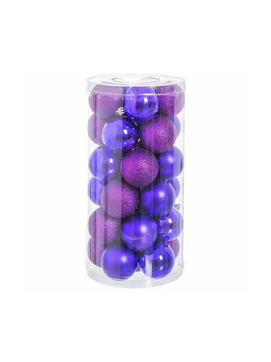 Hanging Ball Ornament Ornament Plastic Purple with Glitter 6cm Set 30pcs