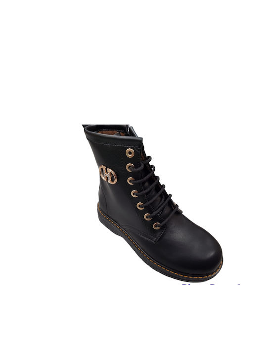 Scarpy Kids Leather Military Boots with Lace Black Checkmate