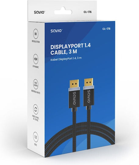 Savio Cable DisplayPort male - DisplayPort male 3m Μαύρο