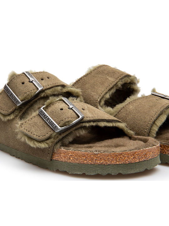 Arizona Shearling Women's Flat Sandals in Khaki Color Narrow Fit