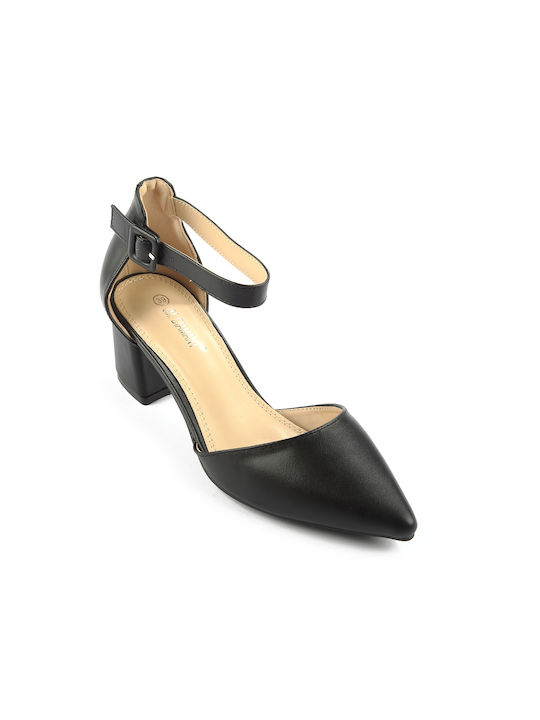 Fshoes Synthetic Leather Black Heels with Strap