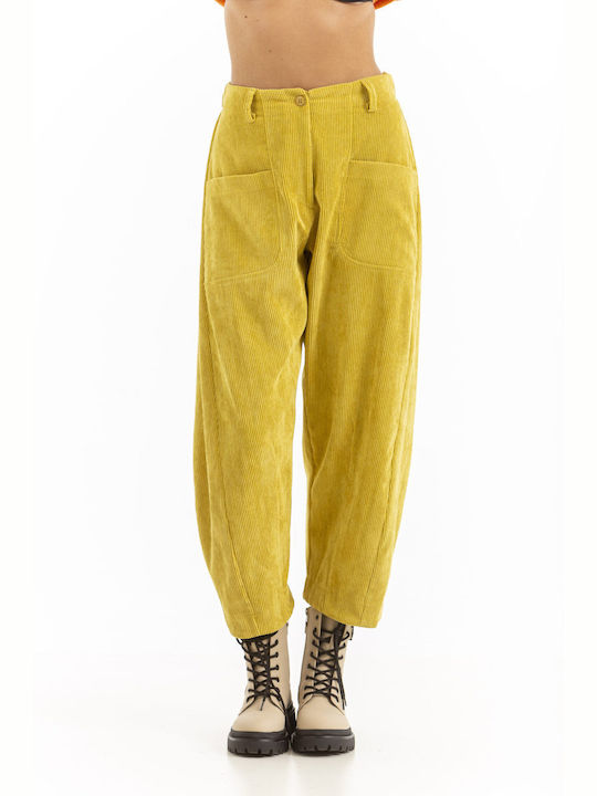 Moutaki Women's Corduroy Trousers with Elastic Yellow