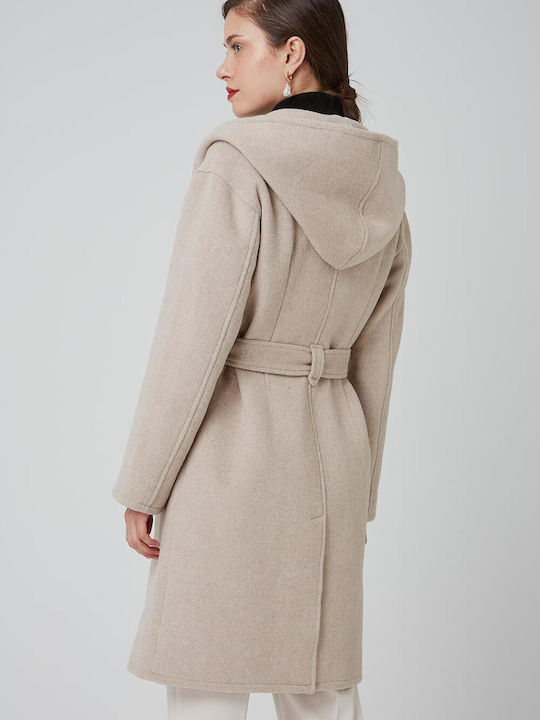 Women's Midi Coat with Belt and Hood Beige