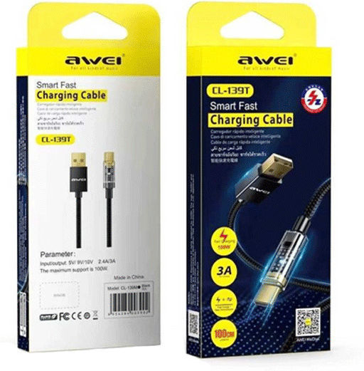 Awei CL-139T USB 2.0 Cable USB-C male - USB-A 100W PD Μαύρο 1m 887684