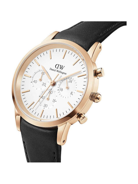 Daniel Wellington Iconic Men's Watch 42mm Chronograph Battery with Black Leather Strap