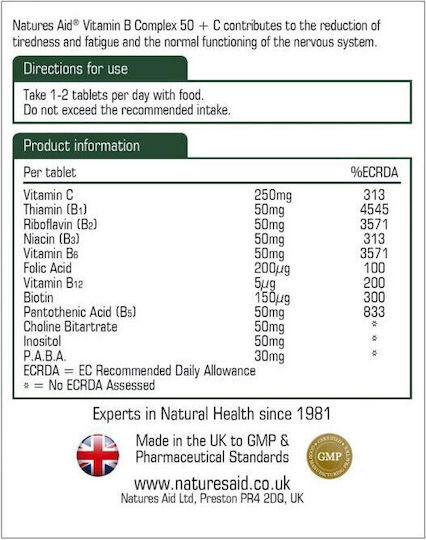 Natures Aid Vitamin B Complex 50 + C Multivitamin for Energy & Immune System Boost 90 Tablets