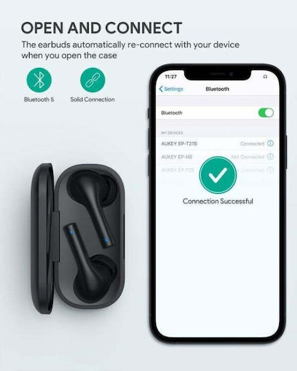 Aukey EP-T21 Move In-ear Bluetooth Handsfree Ακουστικά με Θήκη Φόρτισης Μαύρα