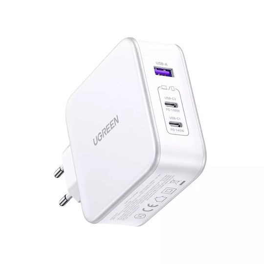 Ugreen Φορτιστής GaN με Θύρα USB-A και 2 Θύρες USB-C και Καλώδιο USB-C 140W Power Delivery Λευκός (Nexode )