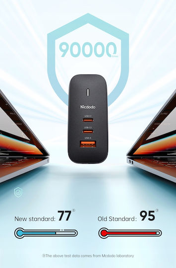 Mcdodo GaN Handyladegerät mit USB-A Ausgangsanschluss und 2 USB-C Ausgangsanschlüsse und Kabel USB-C 65W Stromlieferung Schwarz