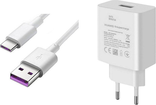Huawei Φορτιστής με Θύρα USB-A και Καλώδιο USB-C 40W SuperCharge Λευκός (HW-100400E00 Bulk)