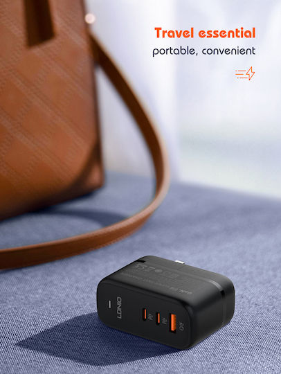 Ldnio Φορτιστής GaN με Θύρα USB-A και 2 Θύρες USB-C και Καλώδιο USB-C - USB-C 65W Quick Charge 3.0 / Power Delivery Μαύρος (Q366)