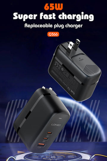 Ldnio Φορτιστής GaN με Θύρα USB-A και 2 Θύρες USB-C και Καλώδιο USB-C - USB-C 65W Quick Charge 3.0 / Power Delivery Μαύρος (Q366)