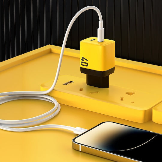 WK Φορτιστής Χωρίς Καλώδιο GaN με 2 Θύρες USB-C 40W Power Delivery Κίτρινος (WP-U128)