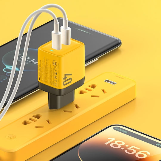 WK Φορτιστής Χωρίς Καλώδιο GaN με 2 Θύρες USB-C 40W Power Delivery Κίτρινος (WP-U128)