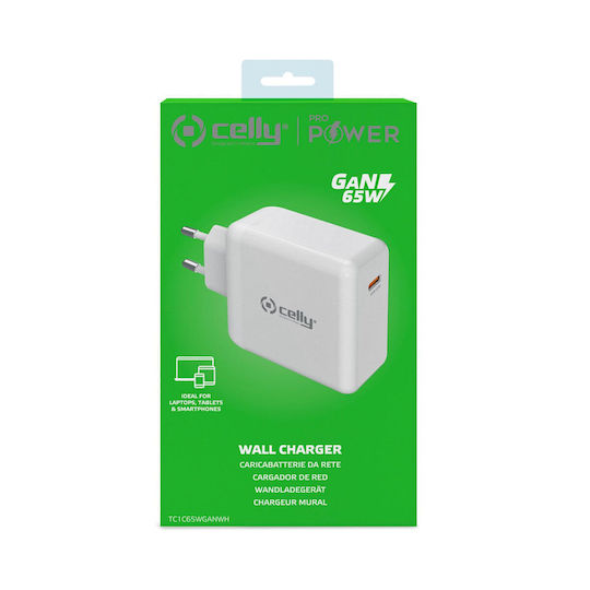 Celly GaN Kabelloser Handyladegerät mit USB-C Ausgangsanschluss 65W Stromlieferung Weiß (TC1C65WGAN)