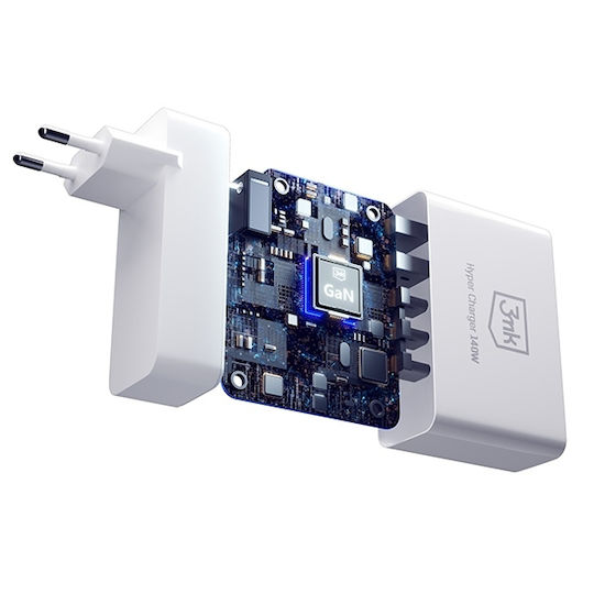 3MK Зарядно Устройство Без Кабел GaN с 2 USB-A Изходни Порта и 3 USB-C Изходни Порта 140W Power Delivery Бял (Hypercharger Gan)