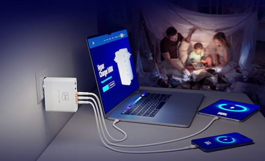 3MK Зарядно Устройство Без Кабел GaN с 2 USB-A Изходни Порта и 3 USB-C Изходни Порта 140W Power Delivery Бял (Hypercharger Gan)