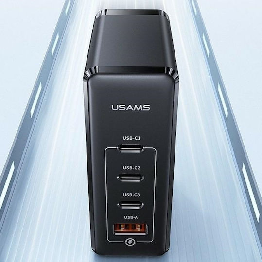 Usams Φορτιστής Χωρίς Καλώδιο GaN με Θύρα USB-A και 3 Θύρες USB-C 100W Power Delivery Μαύρος (CC163TC01)